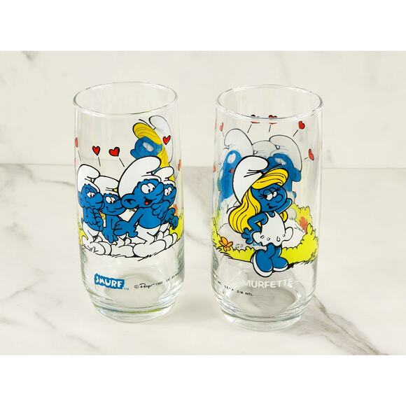 Smurf Smurfette Drinking Clear Glasses 14oz by Peyo 1982 6" x2 Vintage - Picture 4 of 15